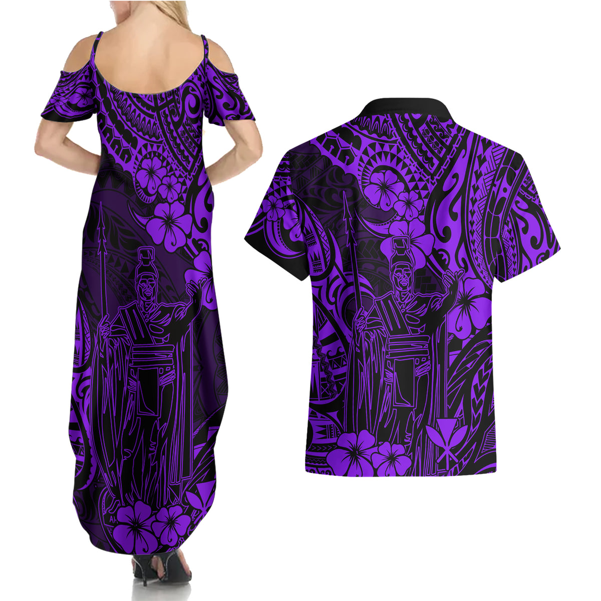Hawaii King Kamehameha Couples Matching Summer Maxi Dress and Hawaiian Shirt Polynesian Pattern Purple Version - Wonder Print Shop