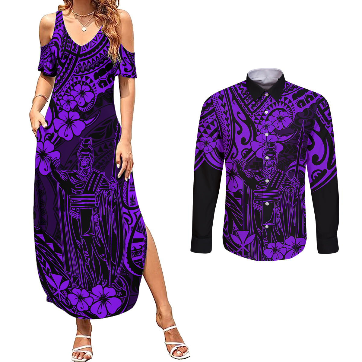 Hawaii King Kamehameha Couples Matching Summer Maxi Dress and Long Sleeve Button Shirts Polynesian Pattern Purple Version - Wonder Print Shop
