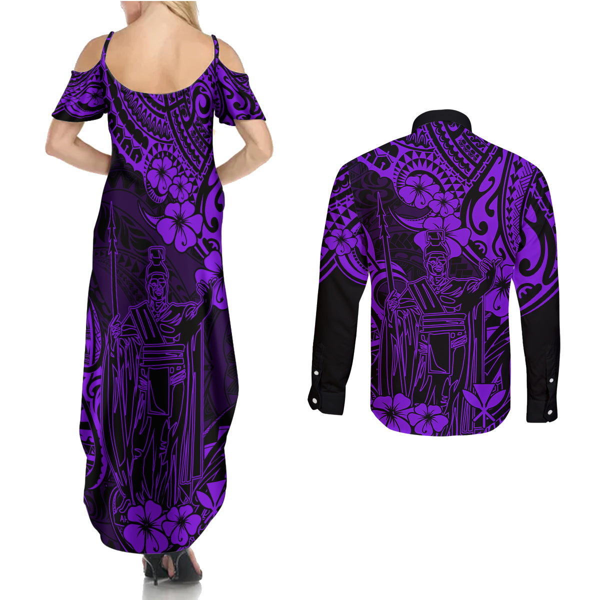 Hawaii King Kamehameha Couples Matching Summer Maxi Dress and Long Sleeve Button Shirts Polynesian Pattern Purple Version - Wonder Print Shop