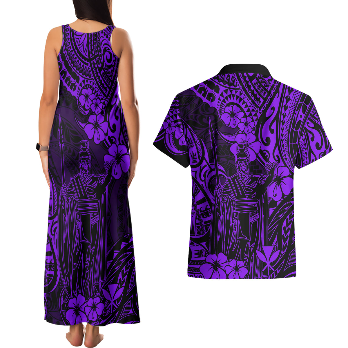 Hawaii King Kamehameha Couples Matching Tank Maxi Dress and Hawaiian Shirt Polynesian Pattern Purple Version - Wonder Print Shop