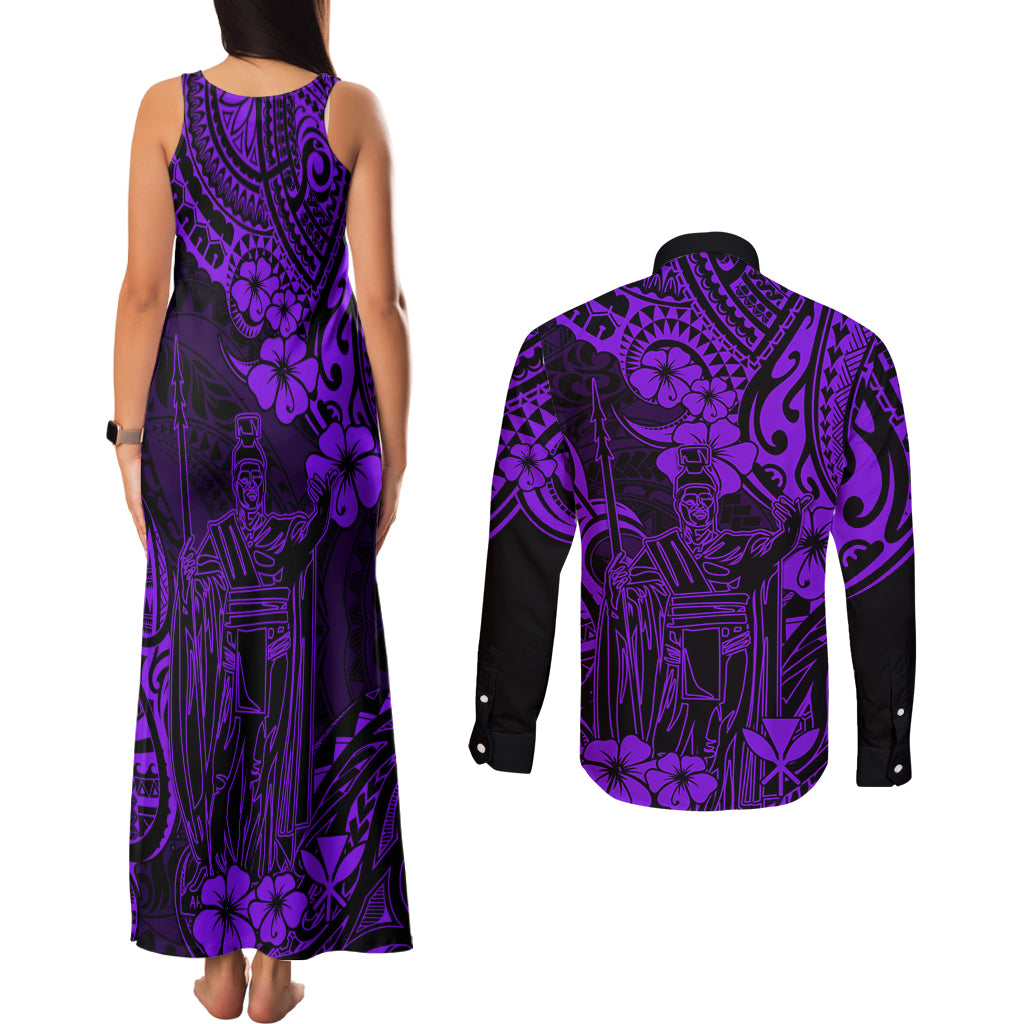 Hawaii King Kamehameha Couples Matching Tank Maxi Dress and Long Sleeve Button Shirts Polynesian Pattern Purple Version - Wonder Print Shop