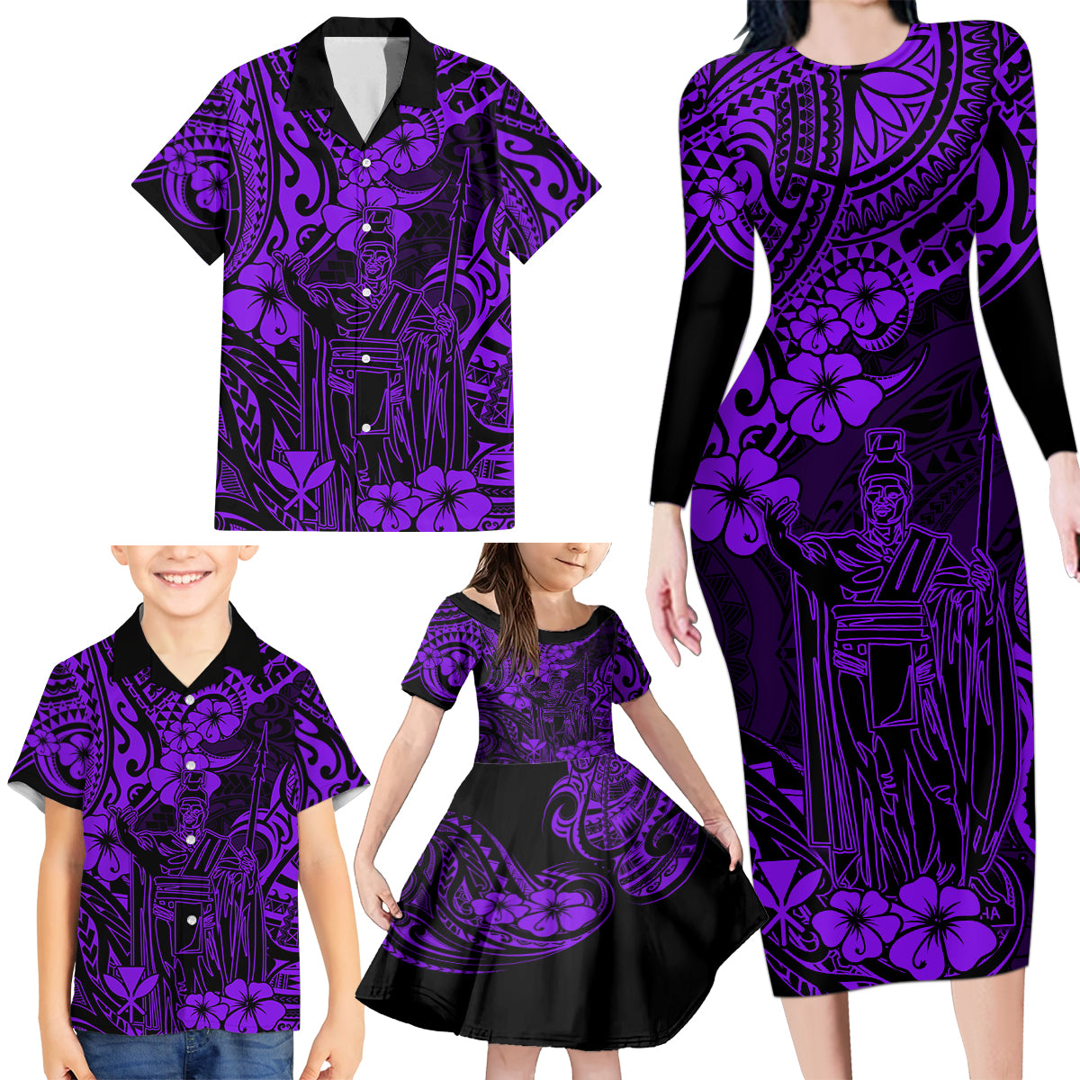 Hawaii King Kamehameha Family Matching Long Sleeve Bodycon Dress and Hawaiian Shirt Polynesian Pattern Purple Version - Wonder Print Shop