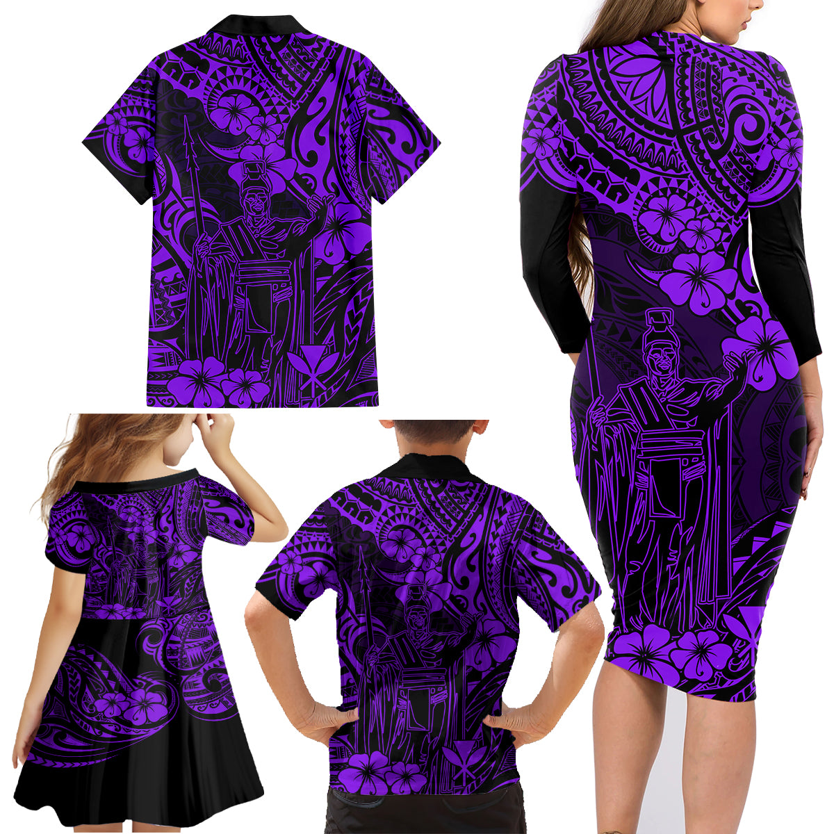 Hawaii King Kamehameha Family Matching Long Sleeve Bodycon Dress and Hawaiian Shirt Polynesian Pattern Purple Version - Wonder Print Shop