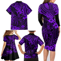 Hawaii King Kamehameha Family Matching Long Sleeve Bodycon Dress and Hawaiian Shirt Polynesian Pattern Purple Version - Wonder Print Shop