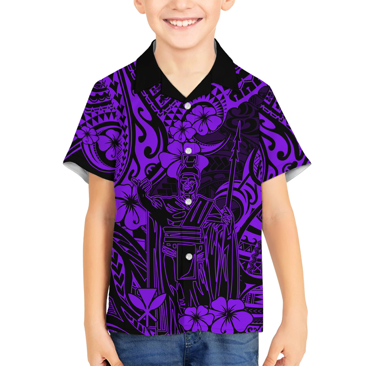 Hawaii King Kamehameha Family Matching Long Sleeve Bodycon Dress and Hawaiian Shirt Polynesian Pattern Purple Version - Wonder Print Shop