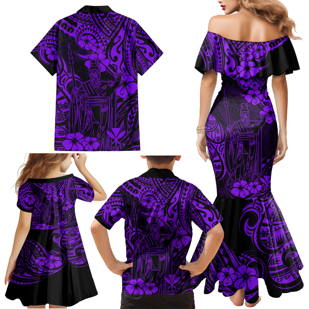 Hawaii King Kamehameha Family Matching Mermaid Dress and Hawaiian Shirt Polynesian Pattern Purple Version - Wonder Print Shop