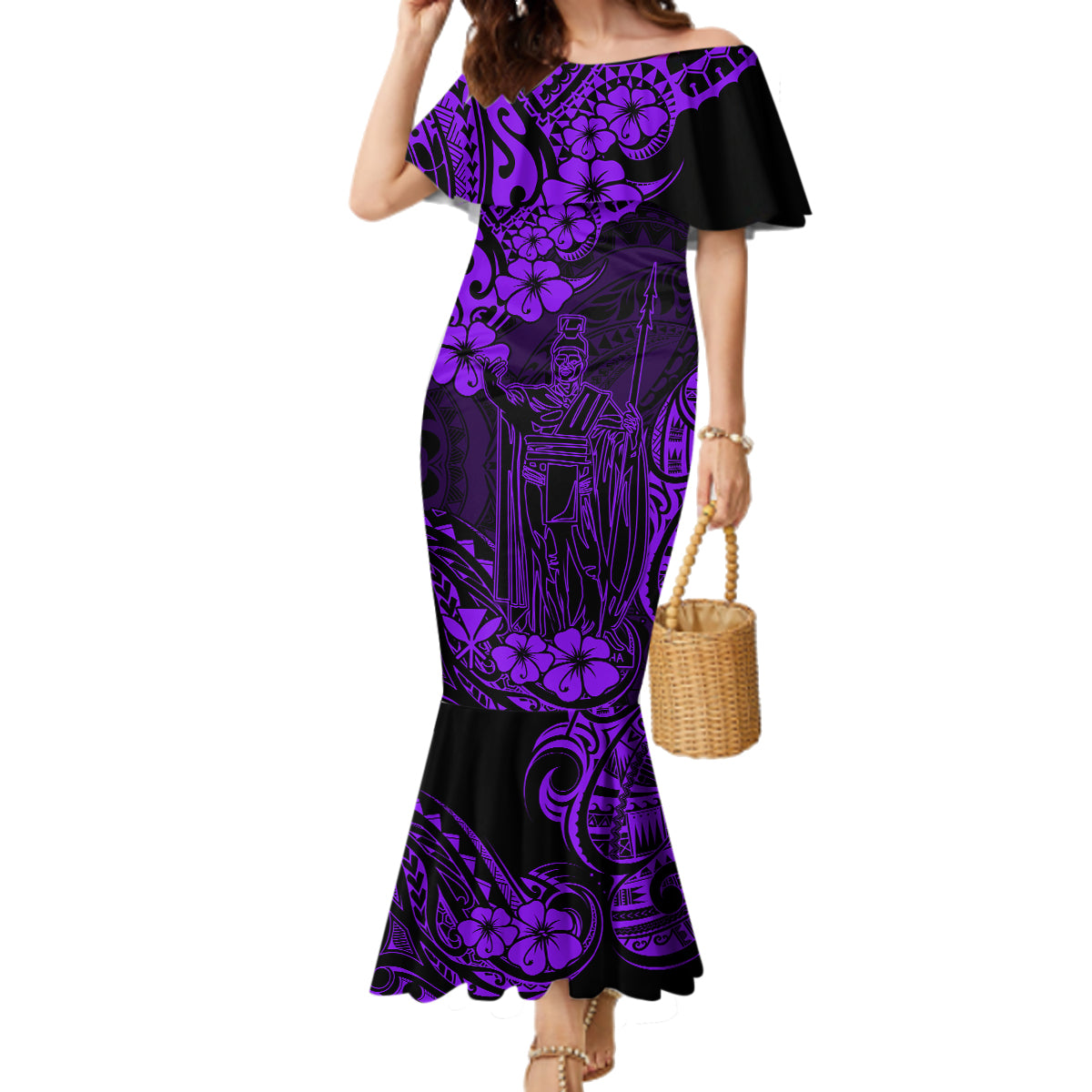 Hawaii King Kamehameha Family Matching Mermaid Dress and Hawaiian Shirt Polynesian Pattern Purple Version - Wonder Print Shop