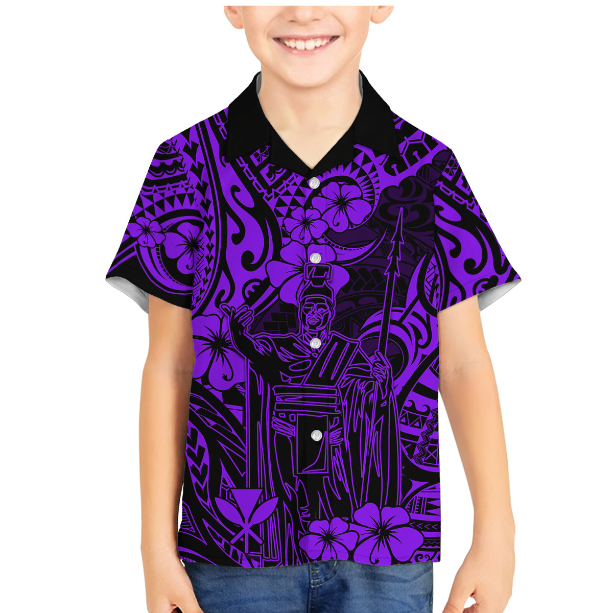 Hawaii King Kamehameha Family Matching Mermaid Dress and Hawaiian Shirt Polynesian Pattern Purple Version - Wonder Print Shop