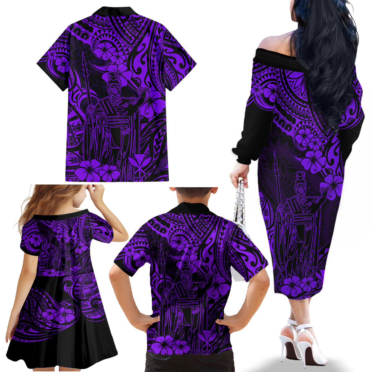 Hawaii King Kamehameha Family Matching Off Shoulder Long Sleeve Dress and Hawaiian Shirt Polynesian Pattern Purple Version - Wonder Print Shop