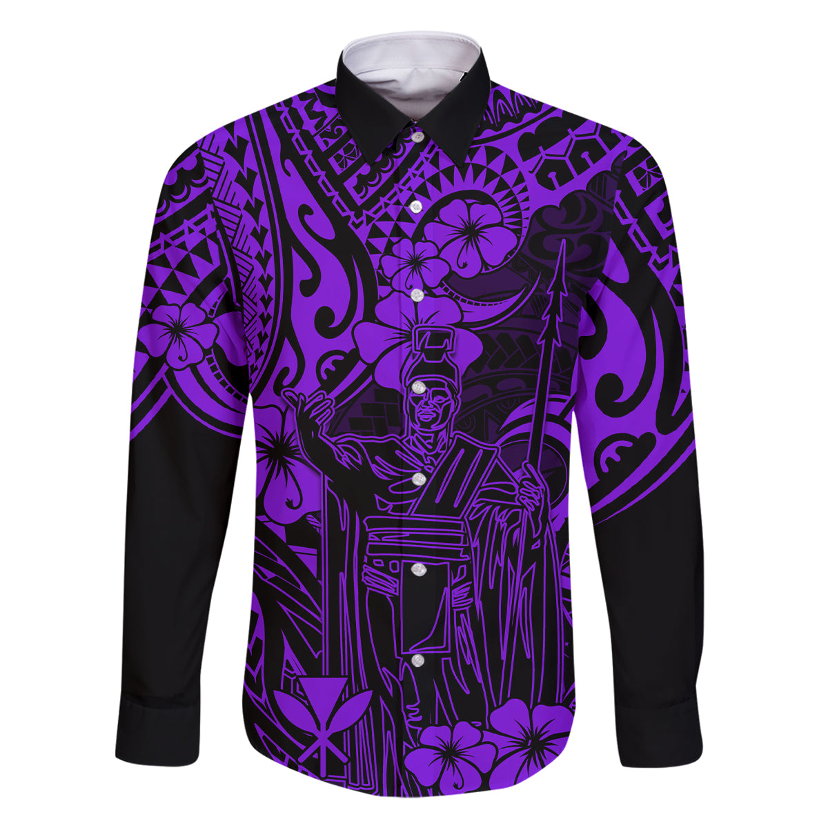Hawaii King Kamehameha Family Matching Off Shoulder Long Sleeve Dress and Hawaiian Shirt Polynesian Pattern Purple Version - Wonder Print Shop
