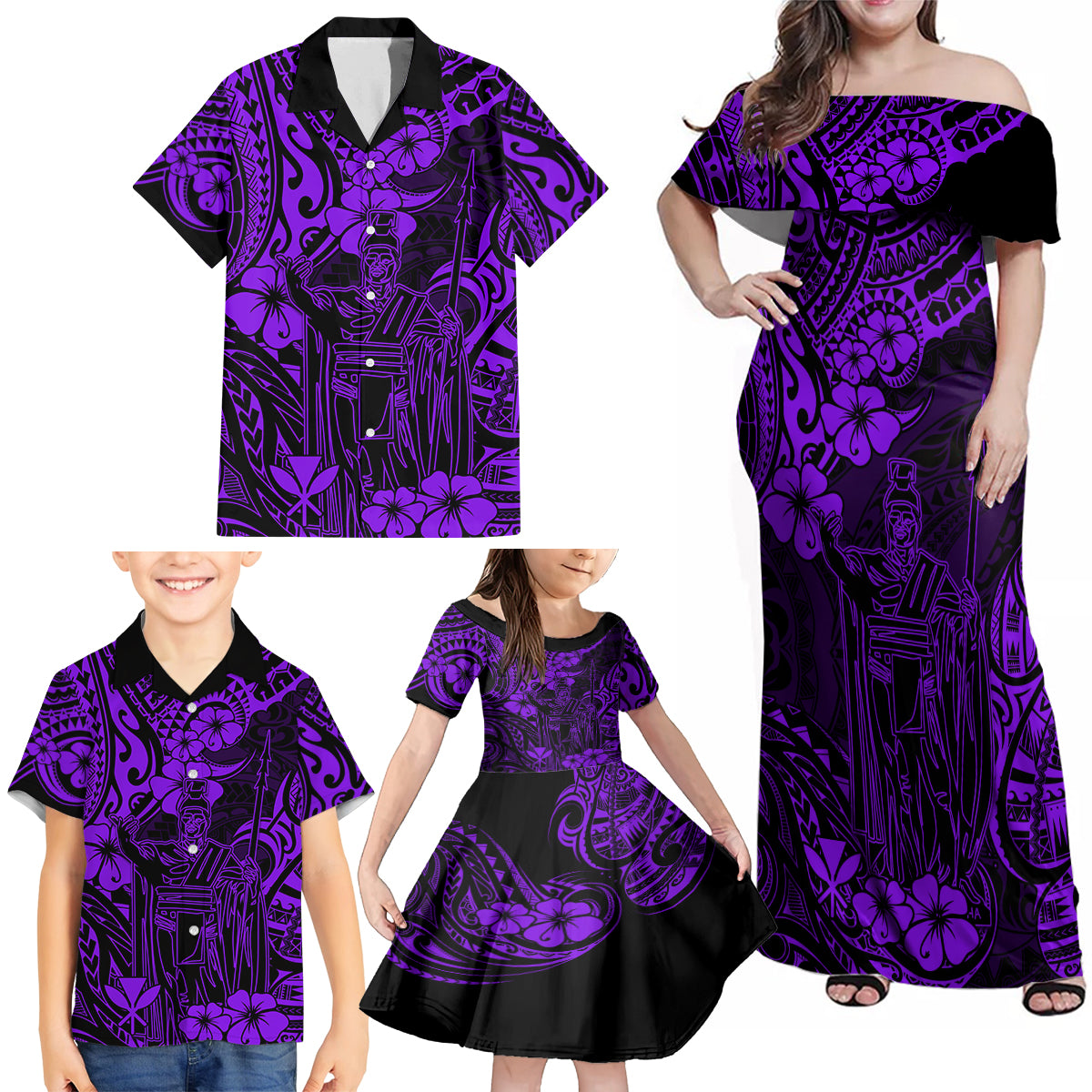 Hawaii King Kamehameha Family Matching Off Shoulder Maxi Dress and Hawaiian Shirt Polynesian Pattern Purple Version - Wonder Print Shop