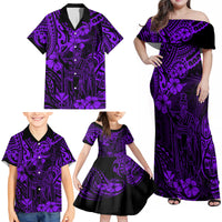 Hawaii King Kamehameha Family Matching Off Shoulder Maxi Dress and Hawaiian Shirt Polynesian Pattern Purple Version - Wonder Print Shop