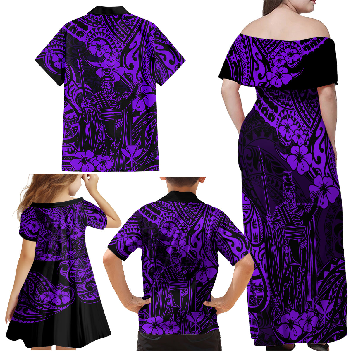 Hawaii King Kamehameha Family Matching Off Shoulder Maxi Dress and Hawaiian Shirt Polynesian Pattern Purple Version - Wonder Print Shop