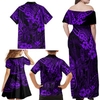 Hawaii King Kamehameha Family Matching Off Shoulder Maxi Dress and Hawaiian Shirt Polynesian Pattern Purple Version - Wonder Print Shop