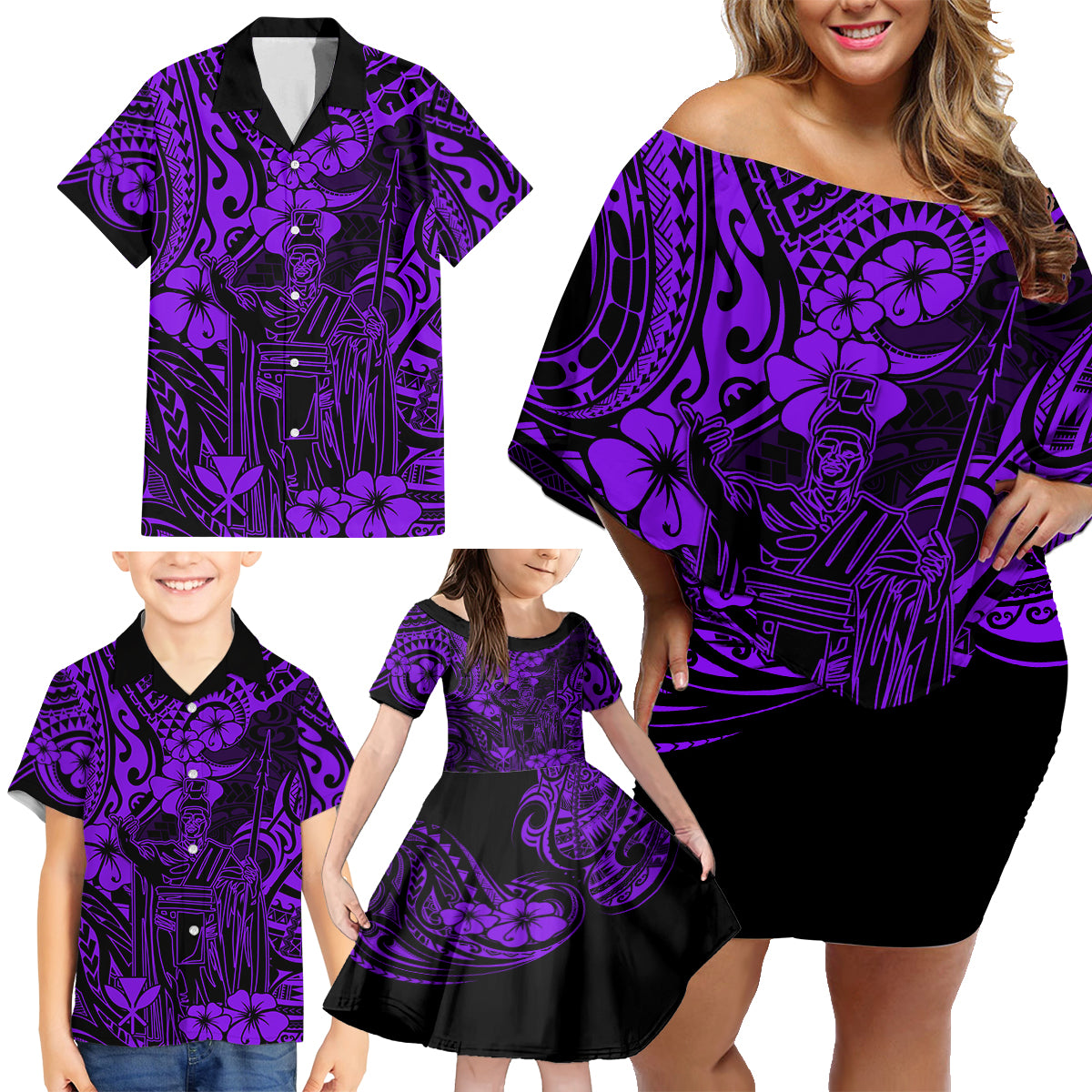 Hawaii King Kamehameha Family Matching Off Shoulder Short Dress and Hawaiian Shirt Polynesian Pattern Purple Version - Wonder Print Shop