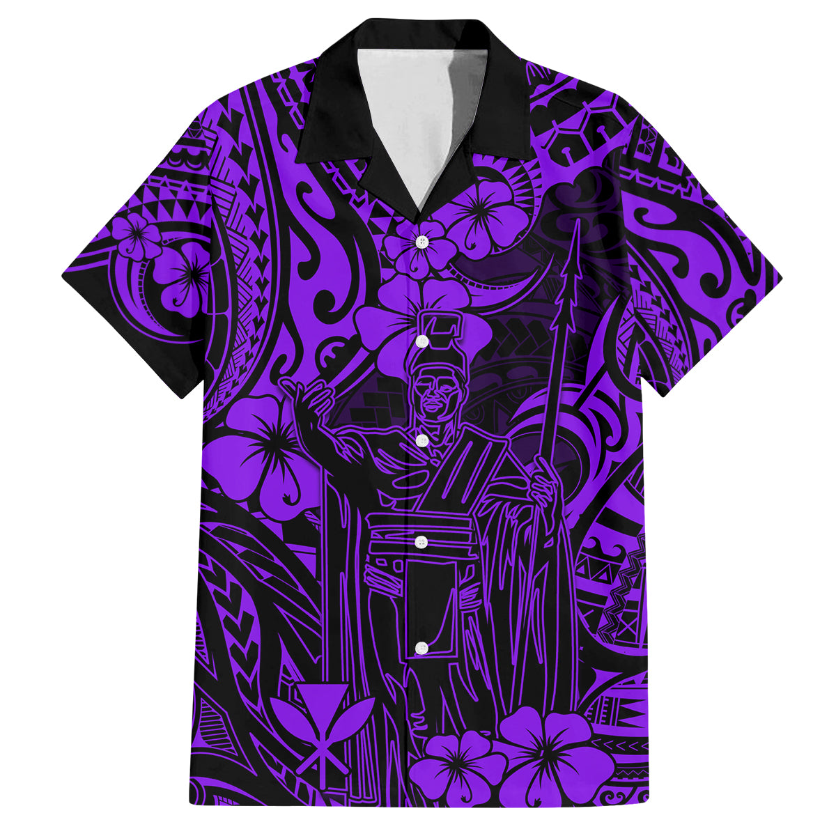 Hawaii King Kamehameha Family Matching Off Shoulder Short Dress and Hawaiian Shirt Polynesian Pattern Purple Version - Wonder Print Shop