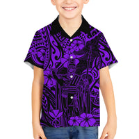 Hawaii King Kamehameha Family Matching Off Shoulder Short Dress and Hawaiian Shirt Polynesian Pattern Purple Version - Wonder Print Shop