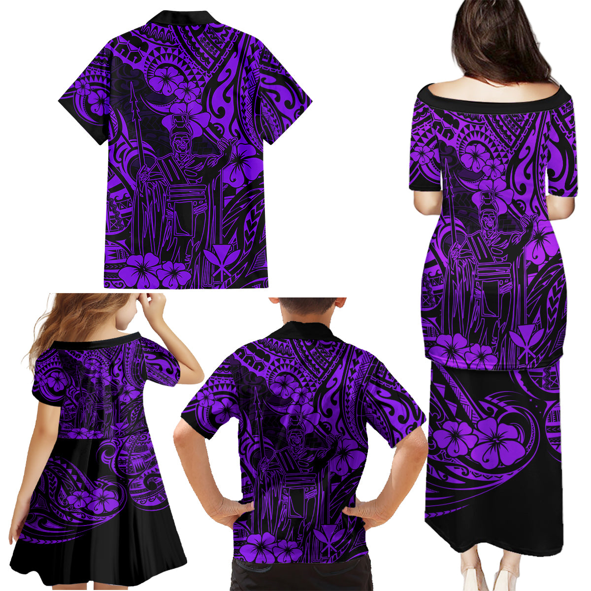 Hawaii King Kamehameha Family Matching Puletasi Dress and Hawaiian Shirt Polynesian Pattern Purple Version - Wonder Print Shop