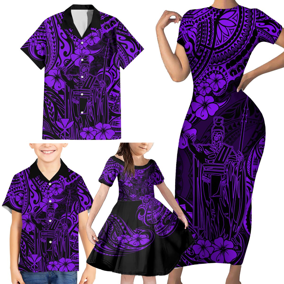 Hawaii King Kamehameha Family Matching Short Sleeve Bodycon Dress and Hawaiian Shirt Polynesian Pattern Purple Version - Wonder Print Shop