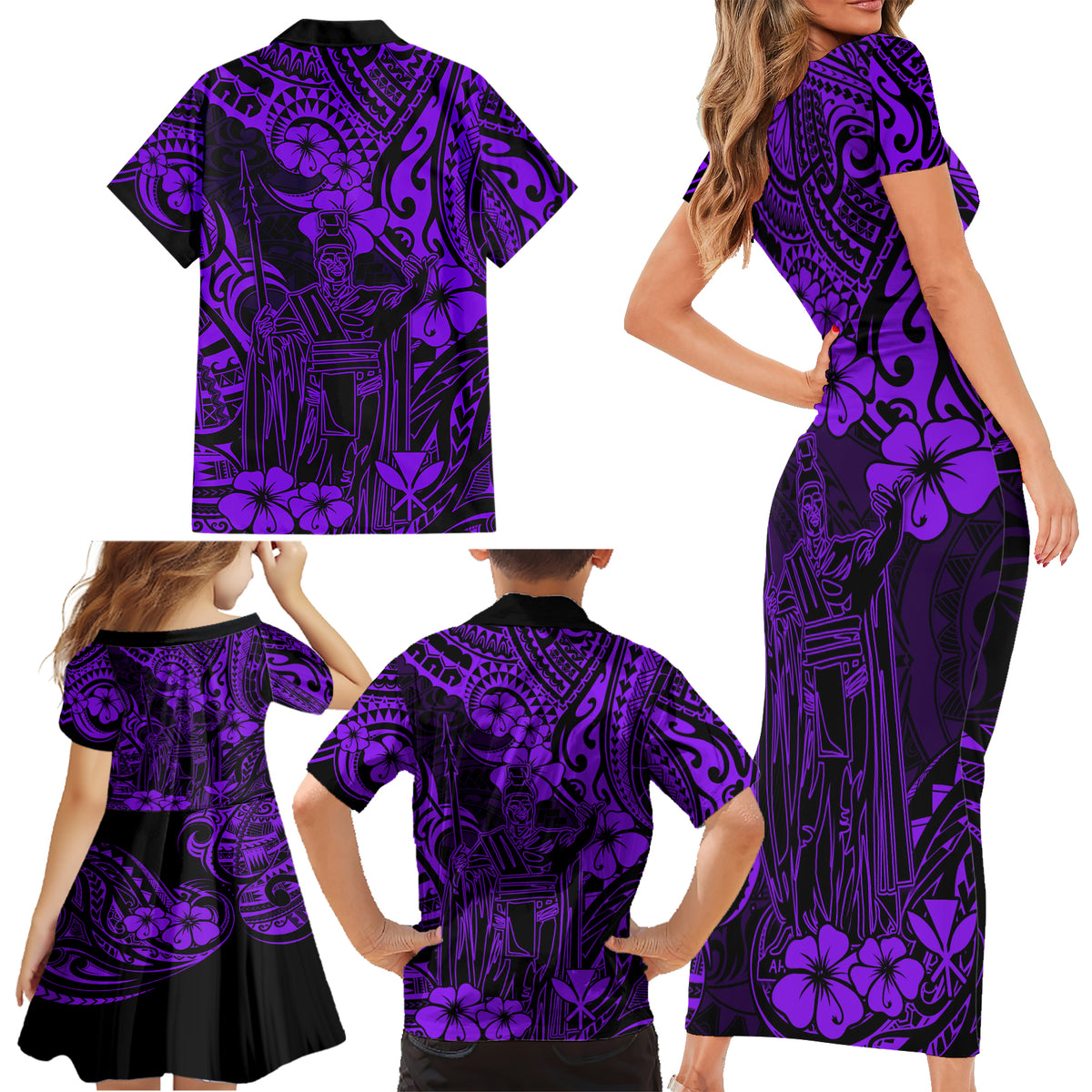 Hawaii King Kamehameha Family Matching Short Sleeve Bodycon Dress and Hawaiian Shirt Polynesian Pattern Purple Version - Wonder Print Shop