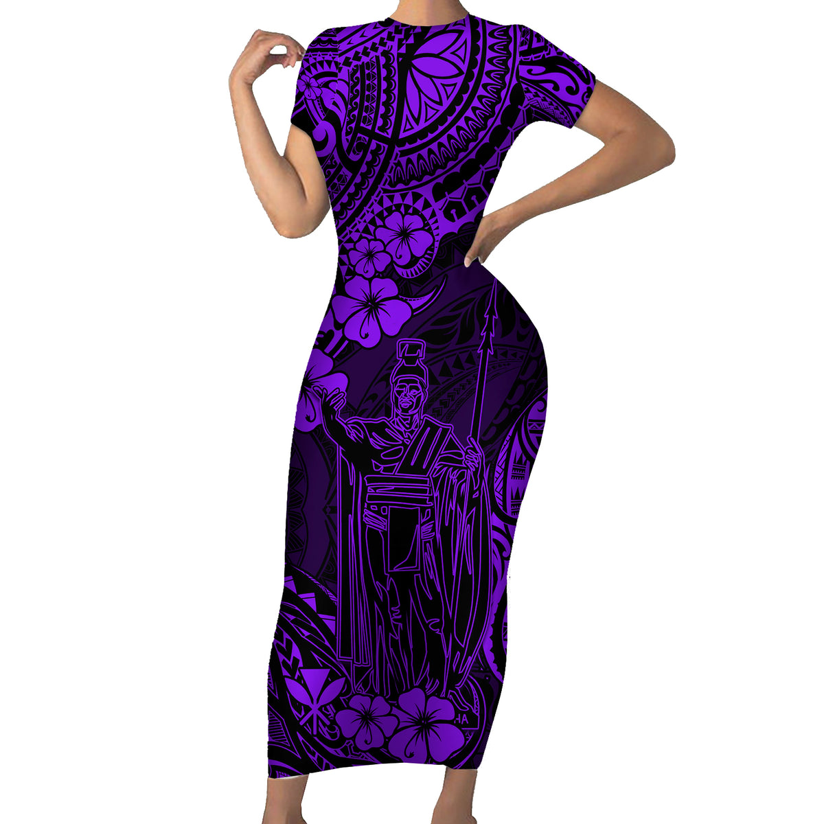 Hawaii King Kamehameha Family Matching Short Sleeve Bodycon Dress and Hawaiian Shirt Polynesian Pattern Purple Version - Wonder Print Shop