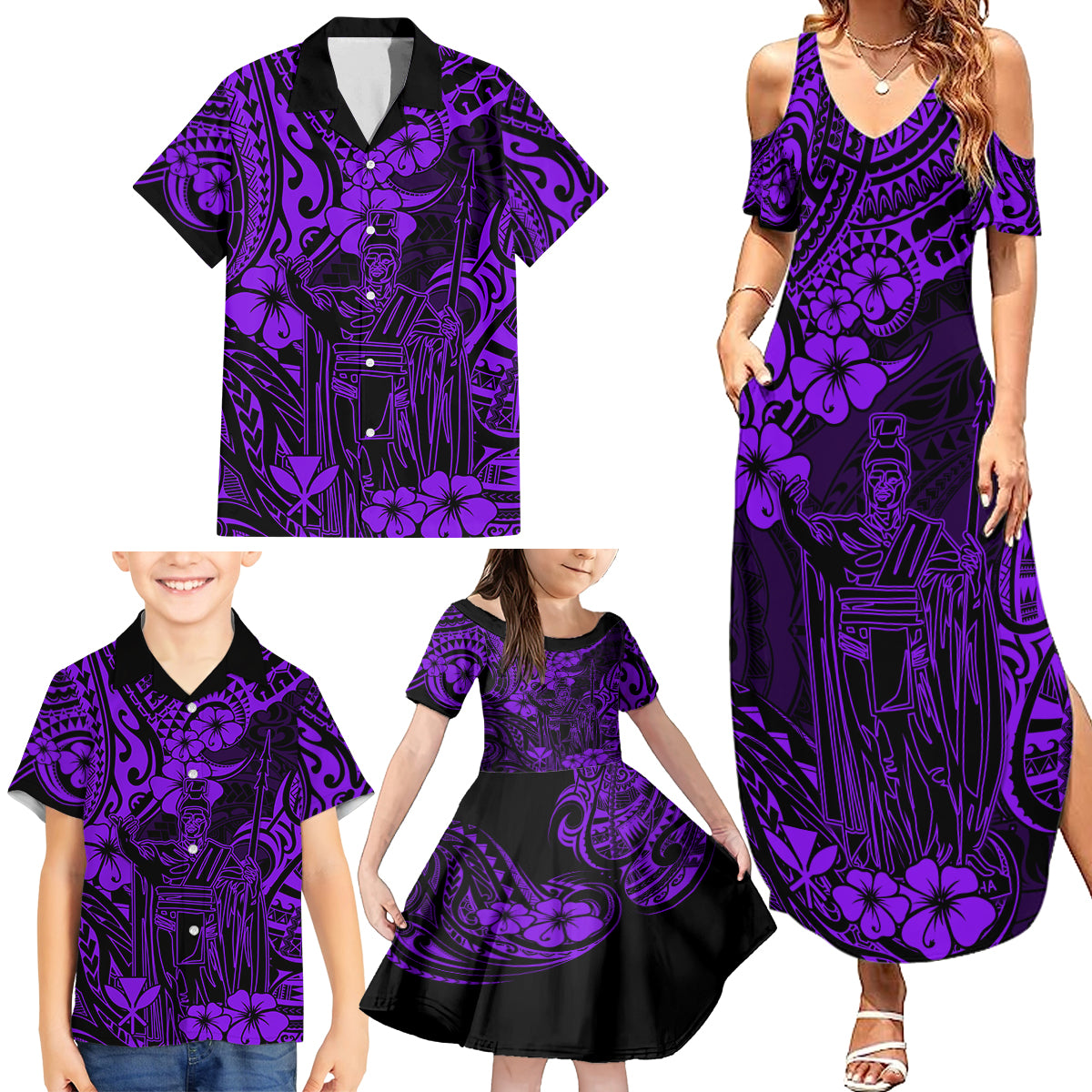 Hawaii King Kamehameha Family Matching Summer Maxi Dress and Hawaiian Shirt Polynesian Pattern Purple Version - Wonder Print Shop