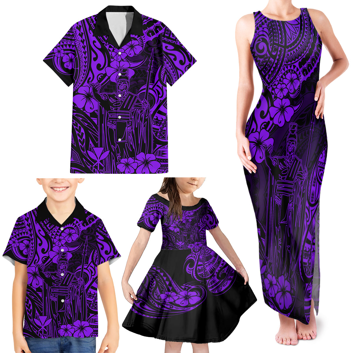 Hawaii King Kamehameha Family Matching Tank Maxi Dress and Hawaiian Shirt Polynesian Pattern Purple Version - Wonder Print Shop