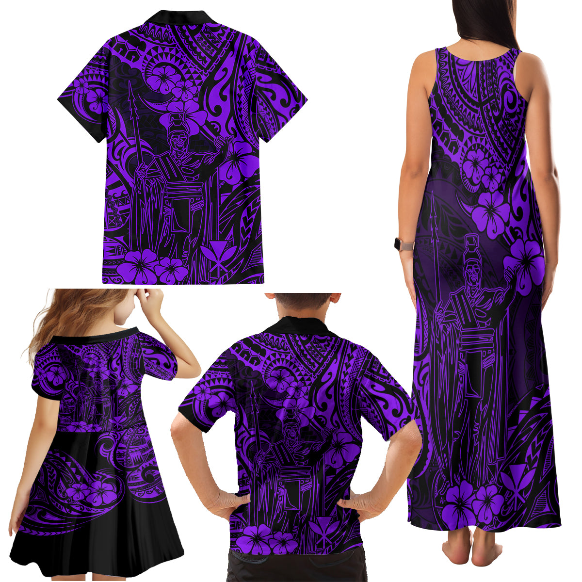 Hawaii King Kamehameha Family Matching Tank Maxi Dress and Hawaiian Shirt Polynesian Pattern Purple Version - Wonder Print Shop