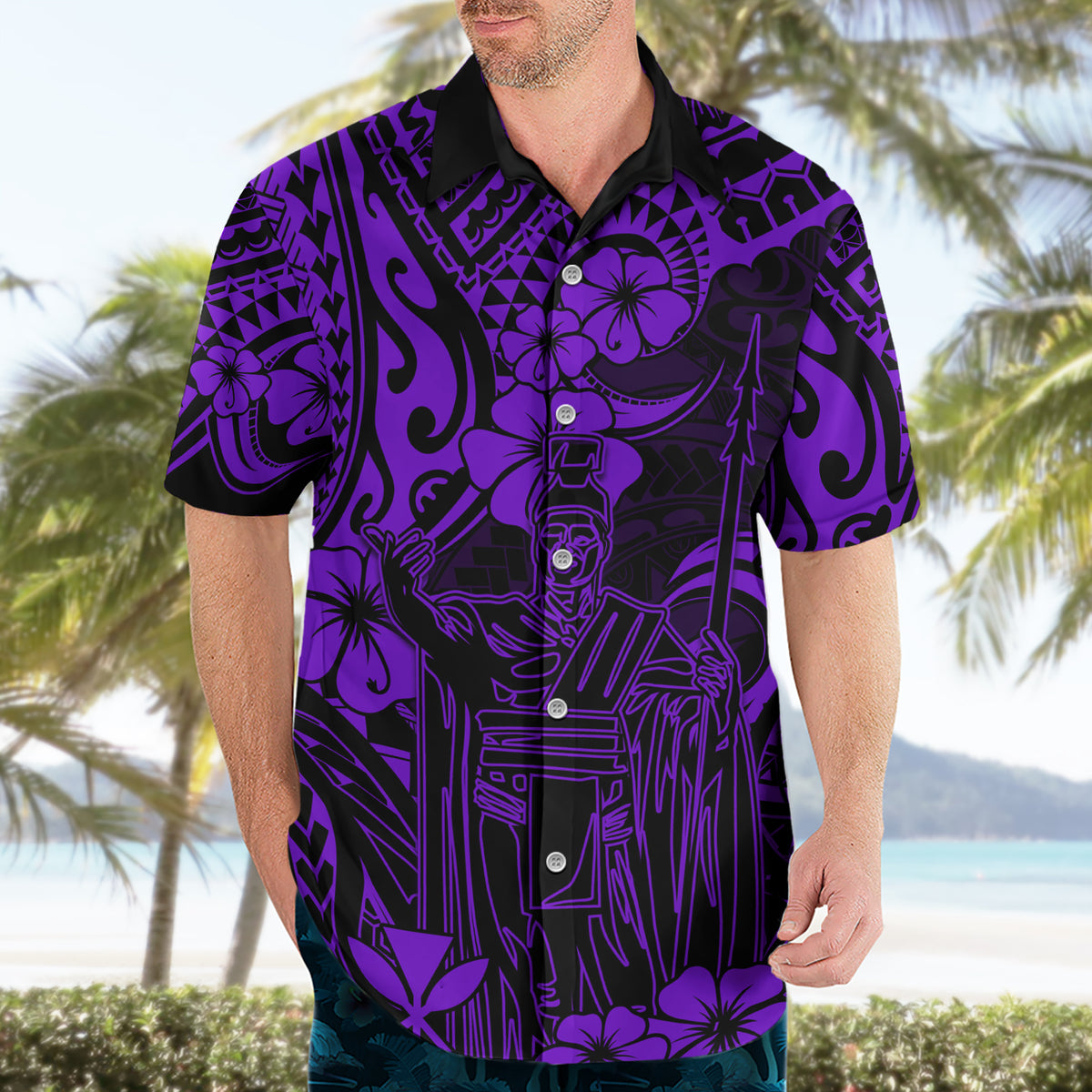 Hawaii King Kamehameha Hawaiian Shirt Polynesian Pattern Purple Version - Wonder Print Shop
