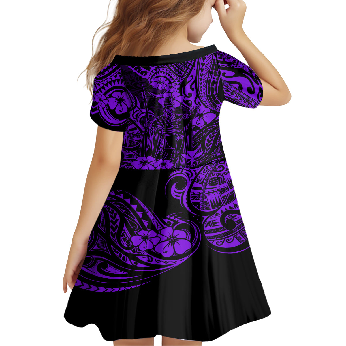 Hawaii King Kamehameha Kid Short Sleeve Dress Polynesian Pattern Purple Version - Wonder Print Shop