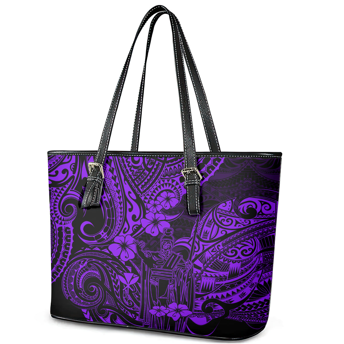 Hawaii King Kamehameha Leather Tote Bag Polynesian Pattern Purple Version - Wonder Print Shop