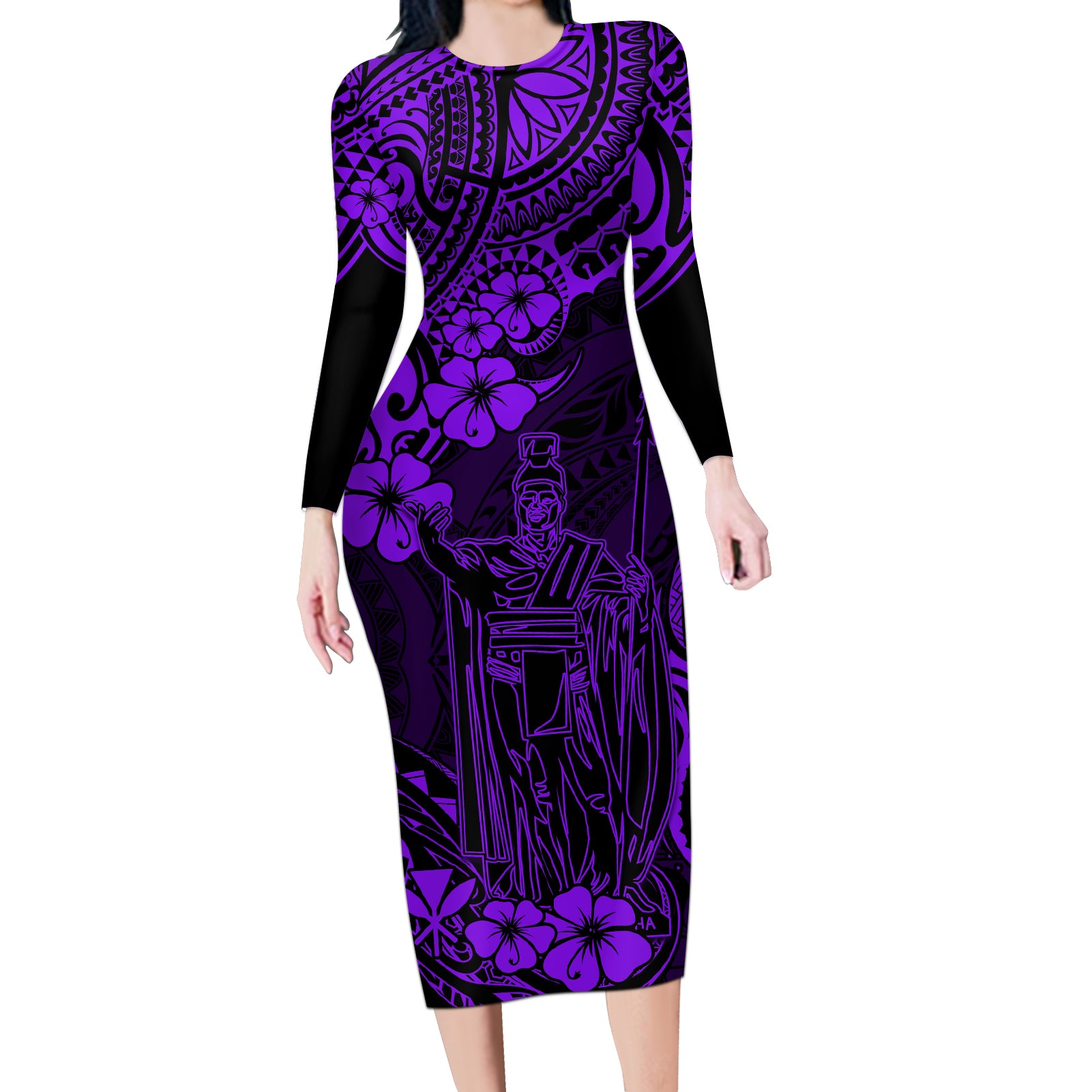 Hawaii King Kamehameha Long Sleeve Bodycon Dress Polynesian Pattern Purple Version - Wonder Print Shop