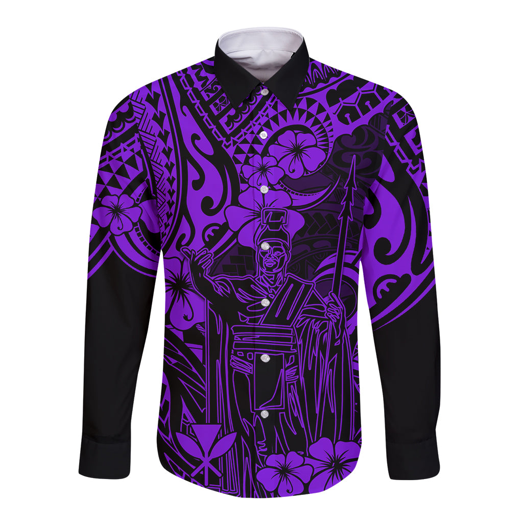 Hawaii King Kamehameha Long Sleeve Button Shirt Polynesian Pattern Purple Version - Wonder Print Shop
