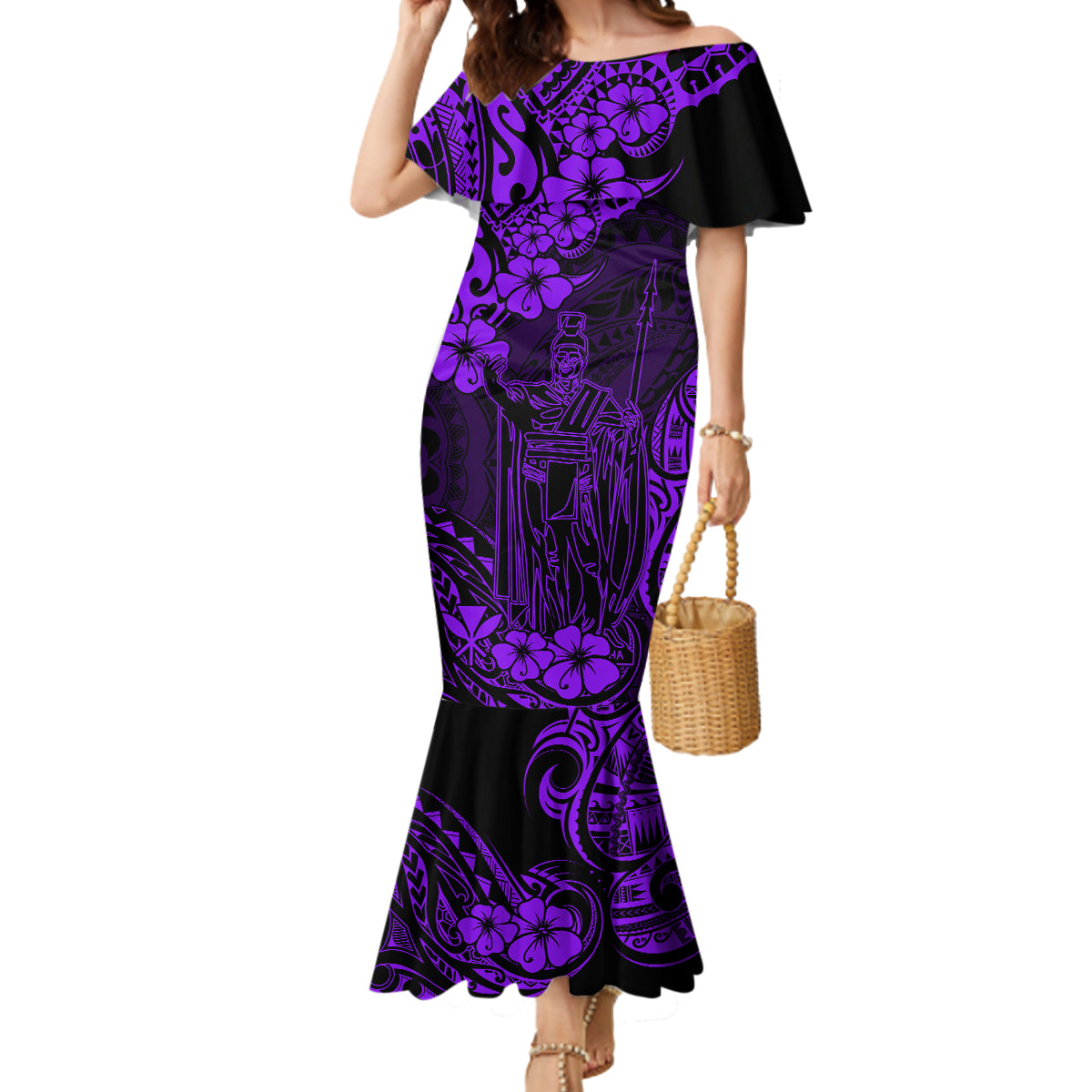 Hawaii King Kamehameha Mermaid Dress Polynesian Pattern Purple Version - Wonder Print Shop