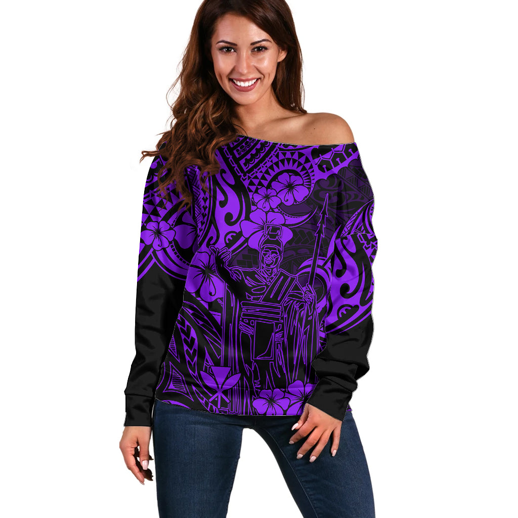 Hawaii King Kamehameha Off Shoulder Sweater Polynesian Pattern Purple Version - Wonder Print Shop