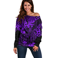 Hawaii King Kamehameha Off Shoulder Sweater Polynesian Pattern Purple Version - Wonder Print Shop