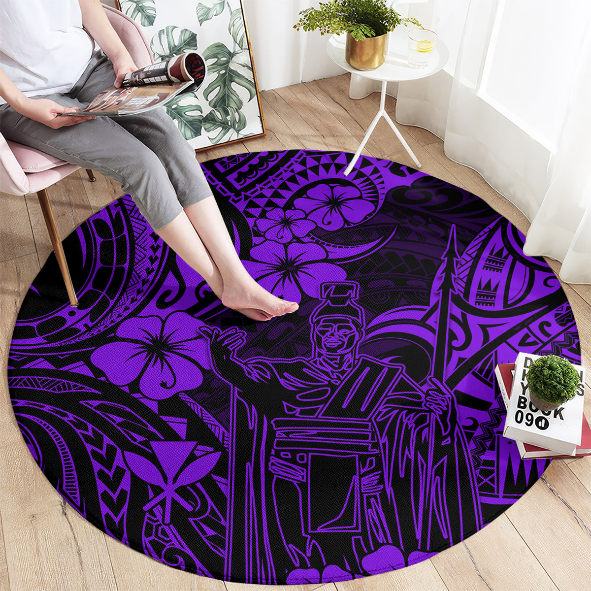 hawaii-king-kamehameha-round-carpet-polynesian-pattern-purple-version