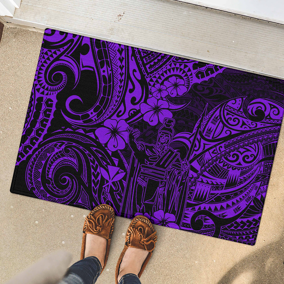 Hawaii King Kamehameha Rubber Doormat Polynesian Pattern Purple Version - Wonder Print Shop