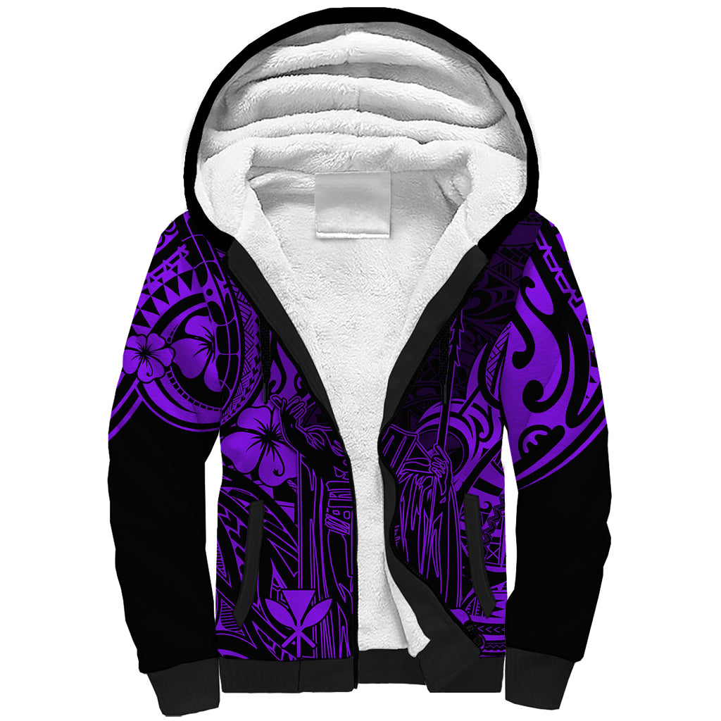 Hawaii King Kamehameha Sherpa Hoodie Polynesian Pattern Purple Version - Wonder Print Shop
