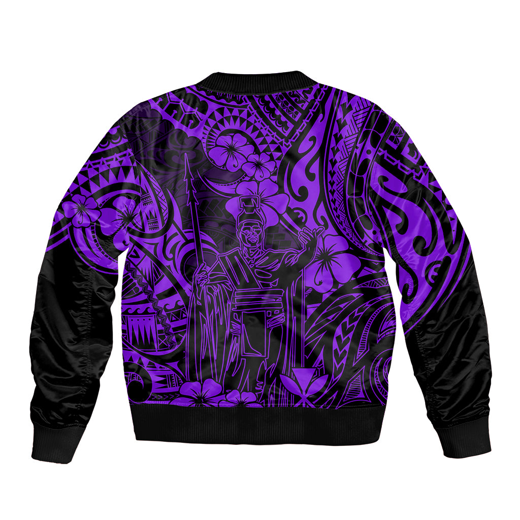 Hawaii King Kamehameha Sleeve Zip Bomber Jacket Polynesian Pattern Purple Version - Wonder Print Shop