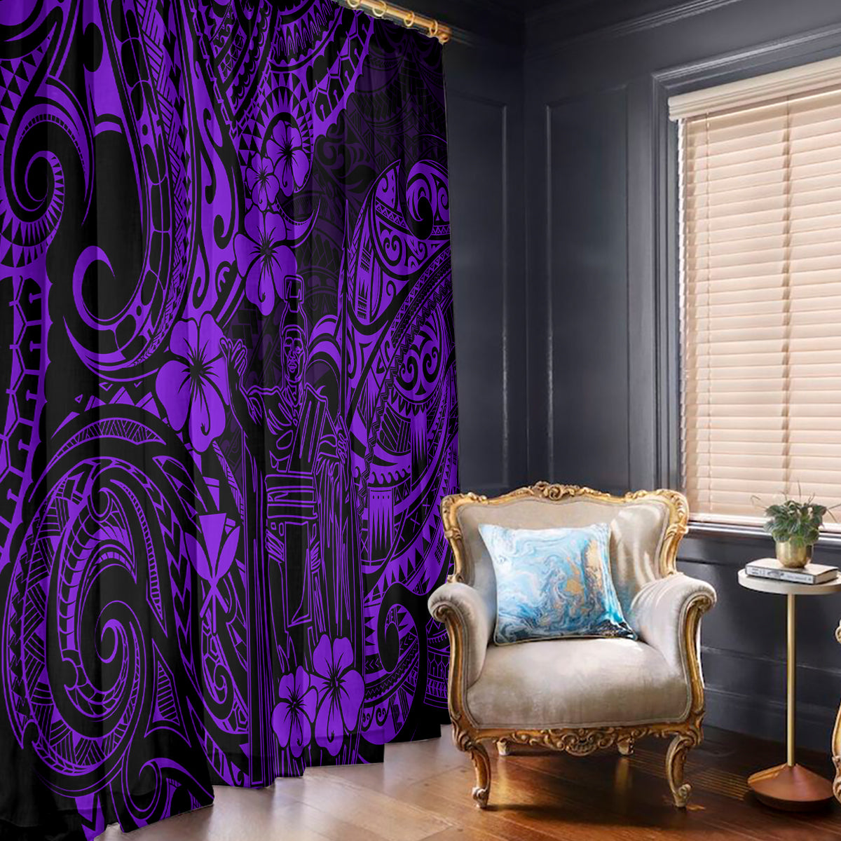 Hawaii King Kamehameha Window Curtain Polynesian Pattern Purple Version - Wonder Print Shop