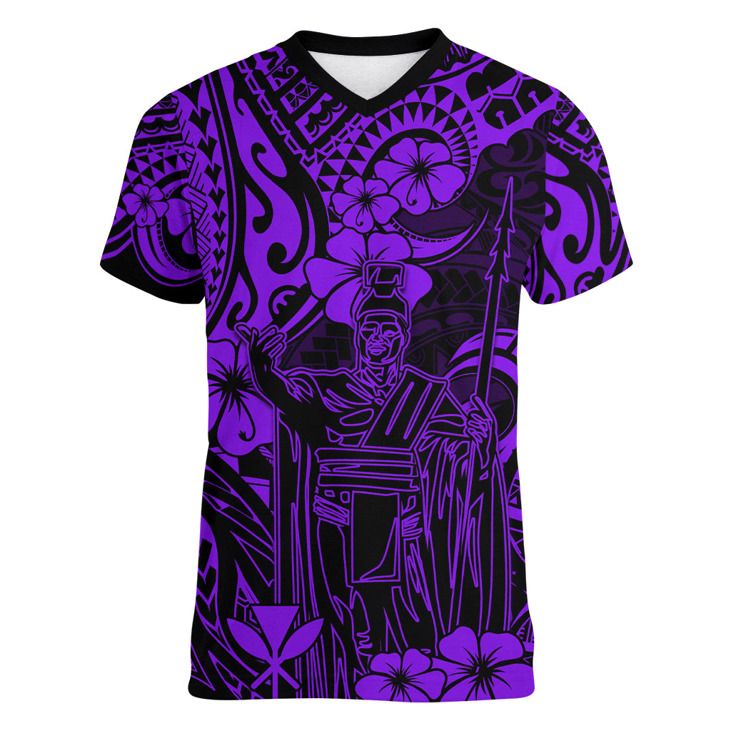 Hawaii King Kamehameha Women V Neck T Shirt Polynesian Pattern Purple Version - Wonder Print Shop