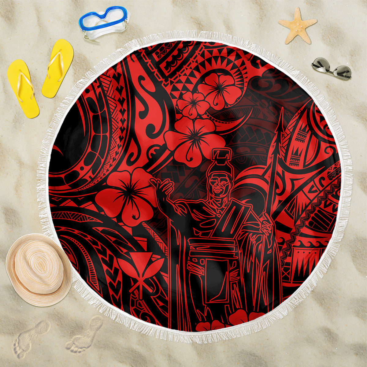 Hawaii King Kamehameha Beach Blanket Polynesian Pattern Red Version - Wonder Print Shop