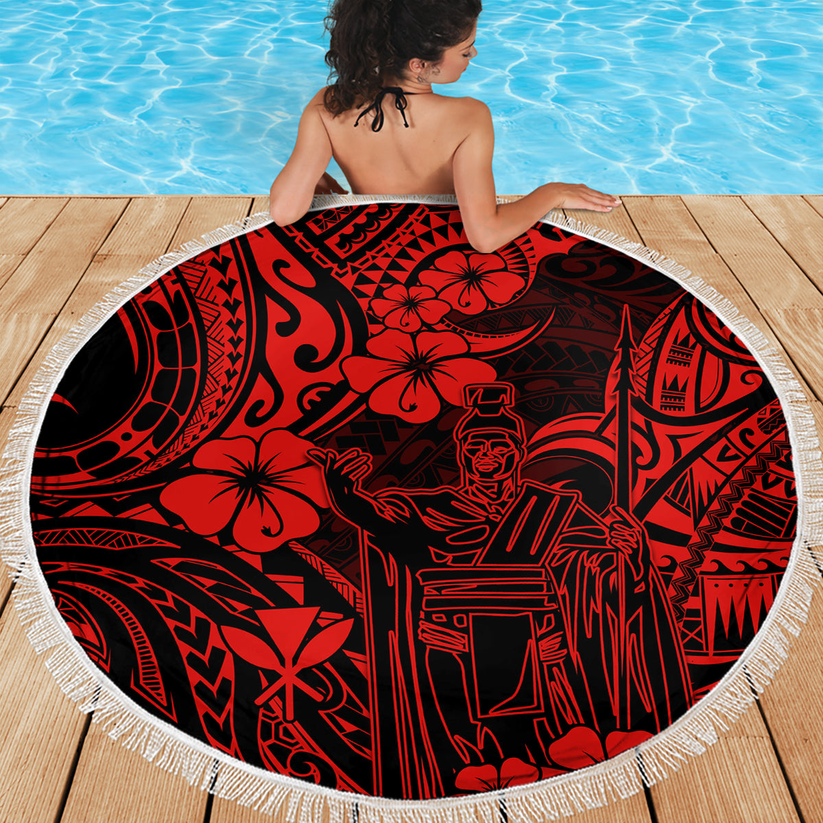 Hawaii King Kamehameha Beach Blanket Polynesian Pattern Red Version - Wonder Print Shop