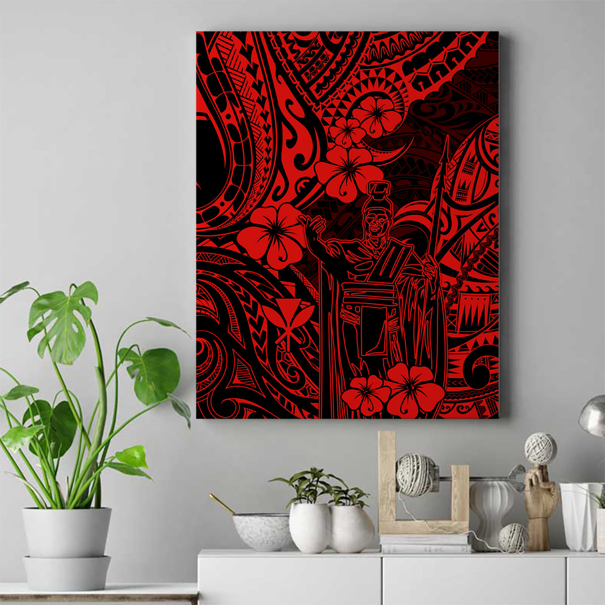 Hawaii King Kamehameha Canvas Wall Art Polynesian Pattern Red Version - Wonder Print Shop