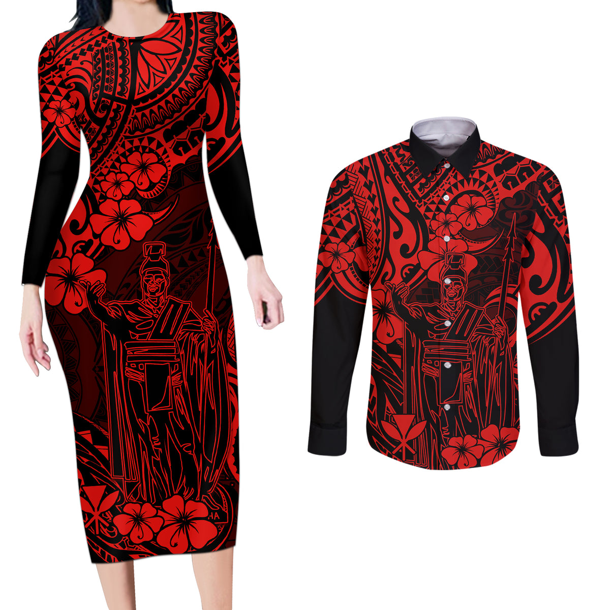 Hawaii King Kamehameha Couples Matching Long Sleeve Bodycon Dress and Long Sleeve Button Shirts Polynesian Pattern Red Version - Wonder Print Shop