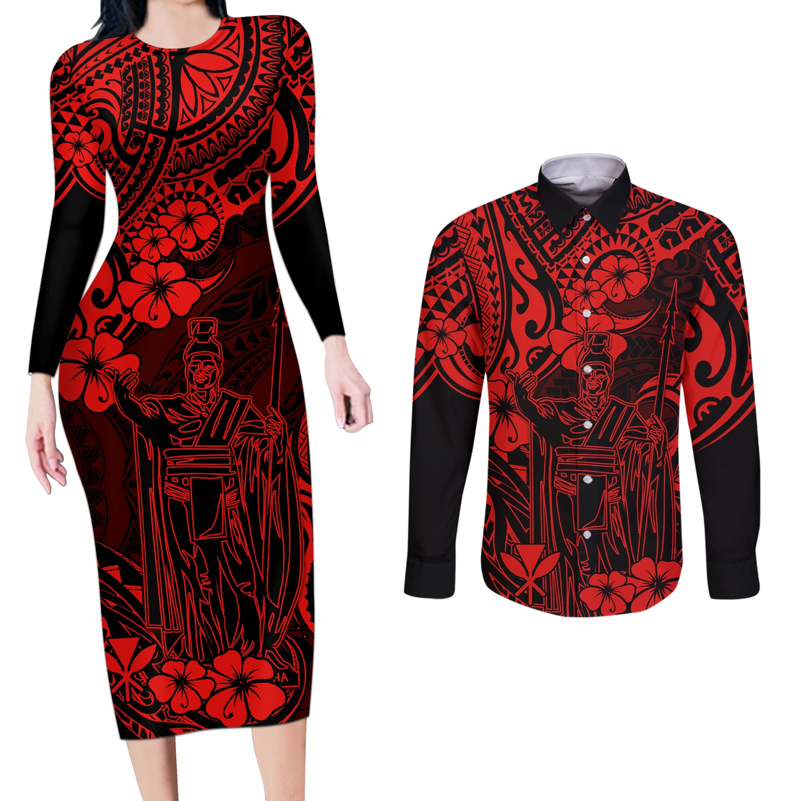Hawaii King Kamehameha Couples Matching Long Sleeve Bodycon Dress and Long Sleeve Button Shirts Polynesian Pattern Red Version - Wonder Print Shop