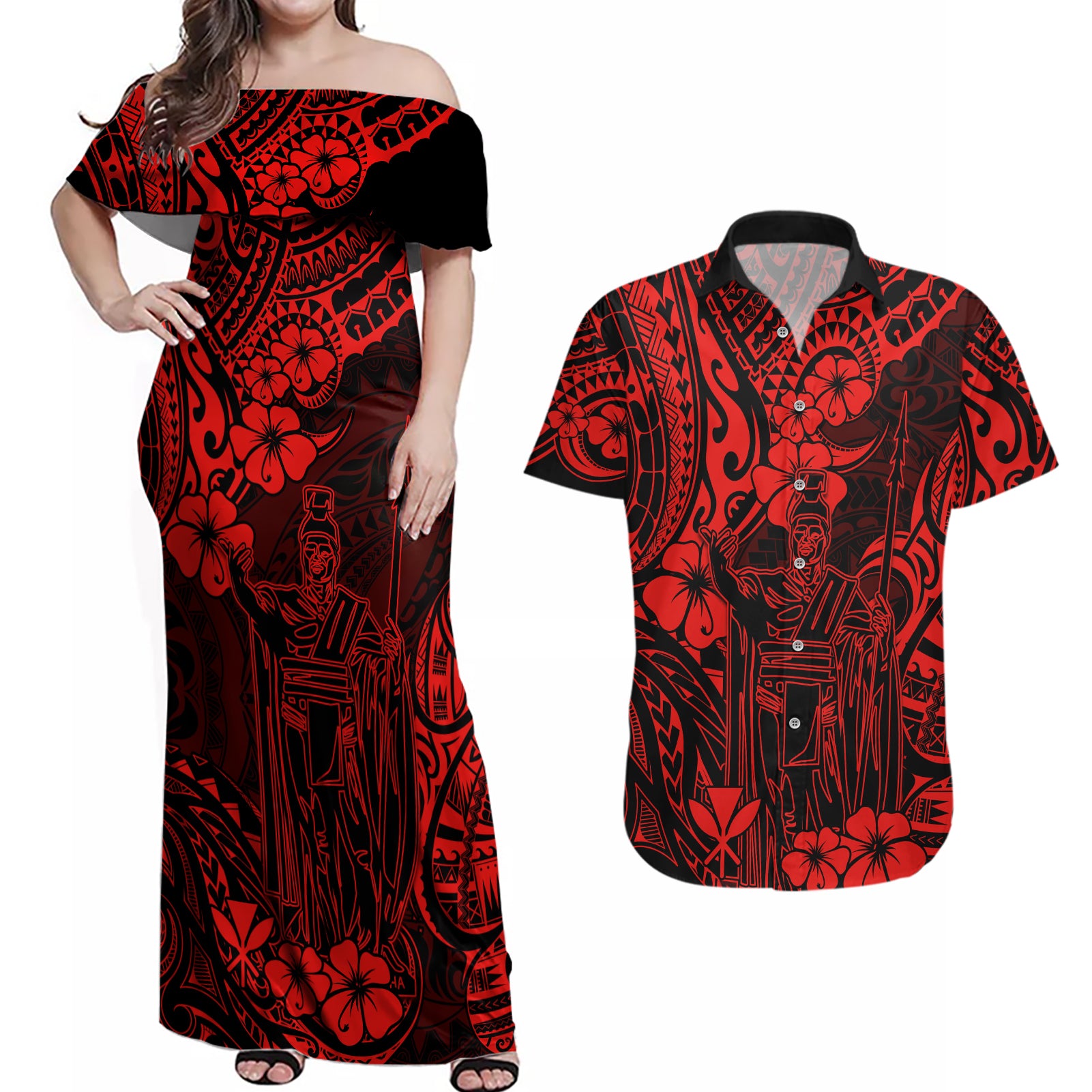 Hawaii King Kamehameha Couples Matching Off Shoulder Maxi Dress and Hawaiian Shirt Polynesian Pattern Red Version - Wonder Print Shop
