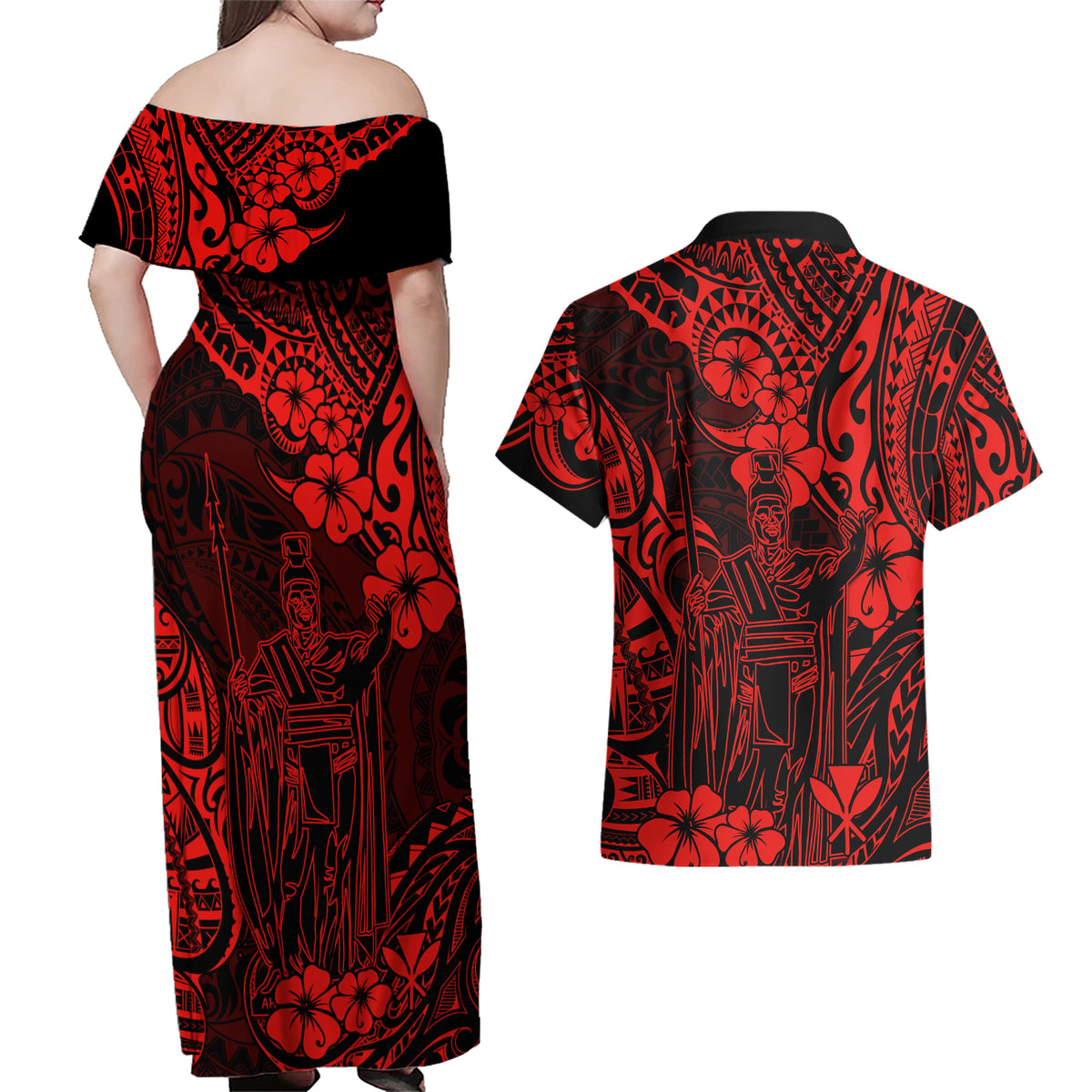 Hawaii King Kamehameha Couples Matching Off Shoulder Maxi Dress and Hawaiian Shirt Polynesian Pattern Red Version - Wonder Print Shop
