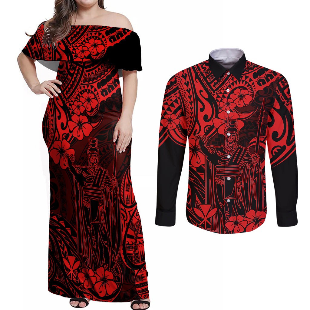 Hawaii King Kamehameha Couples Matching Off Shoulder Maxi Dress and Long Sleeve Button Shirts Polynesian Pattern Red Version - Wonder Print Shop